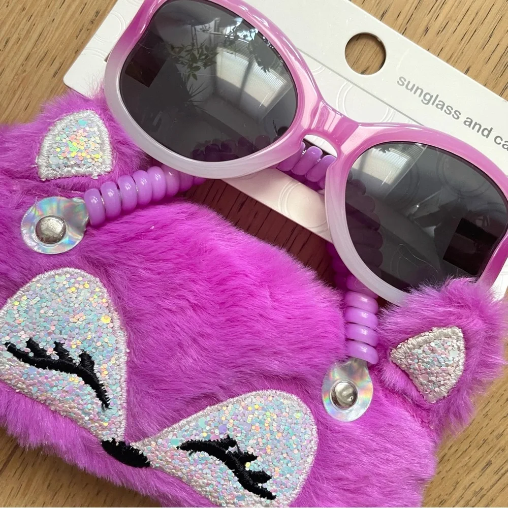 Girls Pink Sunglasses And Fuzzy Hot Pink Fox Case Set